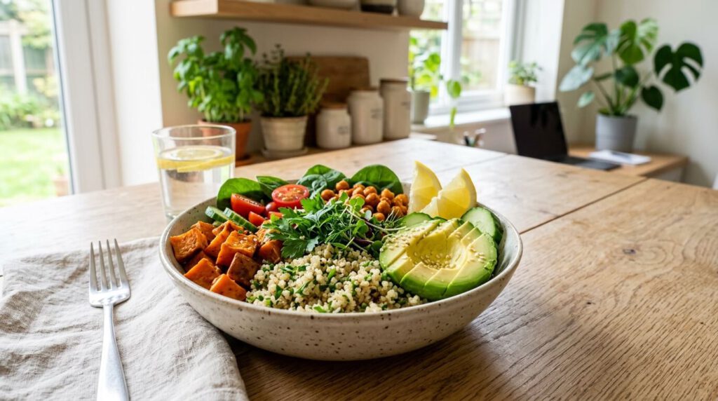 Basisch Essen mit Gemüse, Quinoa, Avocado und frischen Kräutern