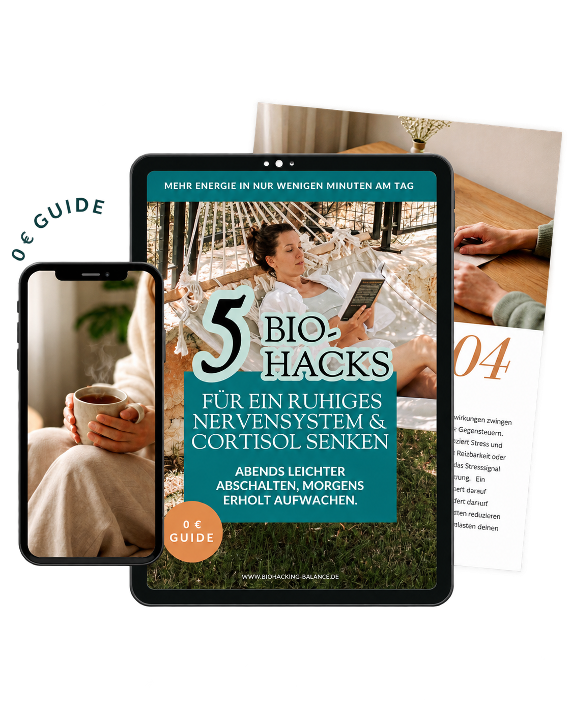 Freigestelltes Freebie-Mockup: 5 Biohacks für ein ruhiges Nervensystem und Cortisol senken